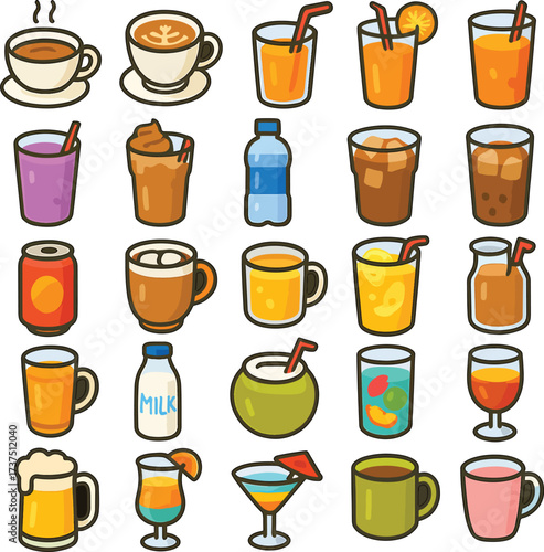 Wallpaper Mural Collection of various drinks in colorful cartoon style Torontodigital.ca
