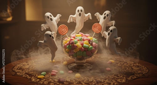 Halloween Feast: Ghosts gather around a crystal bowl laden with colorful candies and lollipops. A festive and whimsical scene perfectly capturing the spirit of the spooky holiday.