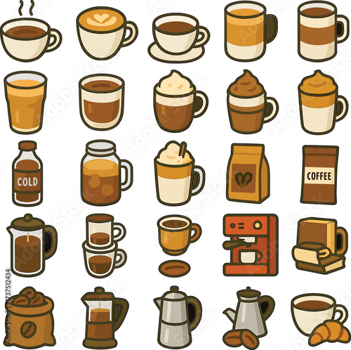 Coffee and tea cups collection with brewing equipment and ingredients