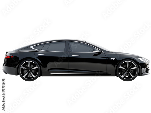 Sleek black tesla model s electric sedan viewed from the side isolated on transparent background