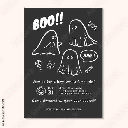 Halloween party invitation with hand-drawn ghost on a black background. Vector illustration hand drawn halloween party template.
