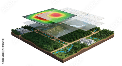 Layered geographic data visualization representing land elevation and urban development