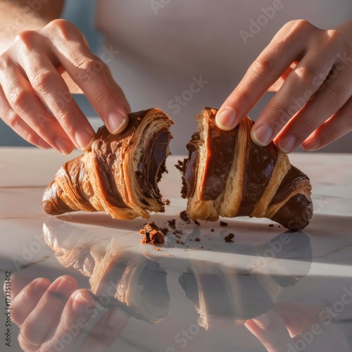 A hands-only shot of hands breaking a
chocolate croissant apart over a marble tabletop with crumbs falling. Macro crispness, natural morning light, and mouthwatering texture focus.