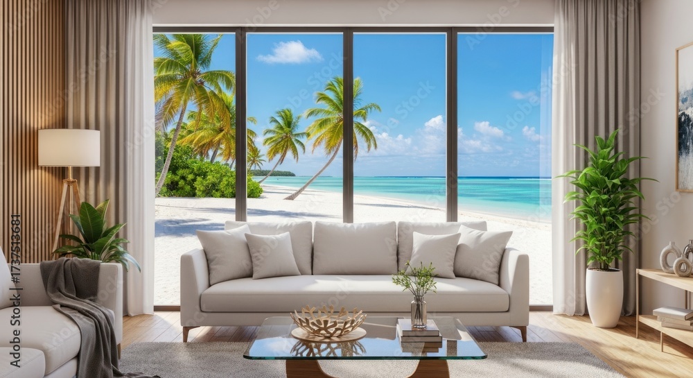 Obraz premium Interior design showcases a modern living room with a large window framing a stunning tropical beach scene, featuring a white sofa, lush plants, and natural light illuminating the space, creating a...