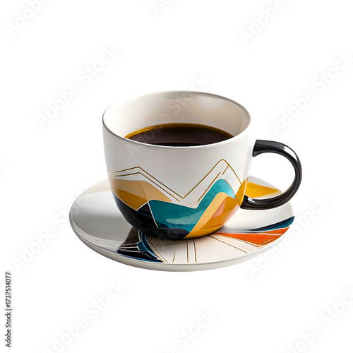Modern Geometric Ceramic Coffee Cup with Saucer – Bold Abstract Design for Stylish Drinkware & Decor.
