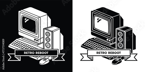 Retro computer setup with speakers and mouse, text retro reboot, presented in black and white on black and white backgrounds, isolated on white background