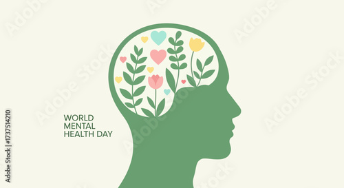 Flat Illustration World Mental Health Day Green Head Profile Filled Flowers