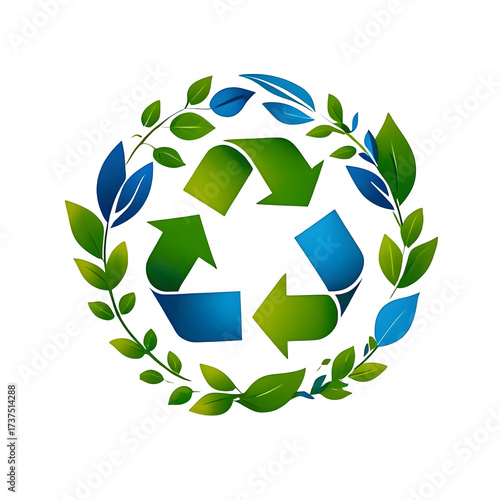 Eco-Friendly Recycling Symbol with Leaf Wreath – Sustainable Nature Design for Green Initiatives.
