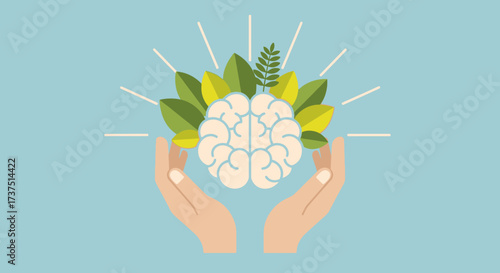 Creative Flat Illustration Brain Surrounded by Leaves in Hand Concept