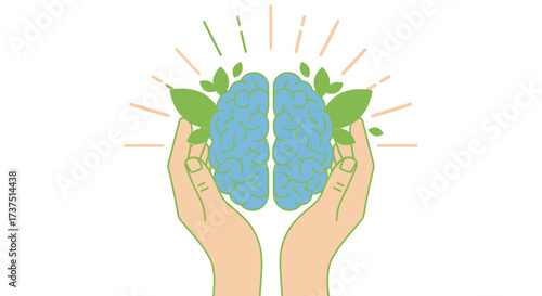 Minimalist Hand Holding Brain with Leaves Concept of Mental Wellness