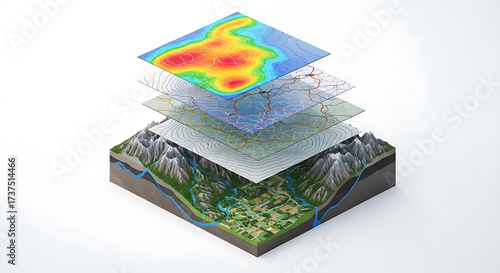 Stacked Geographic Maps Representing Terrain and Data Layers in a Visual Illustration