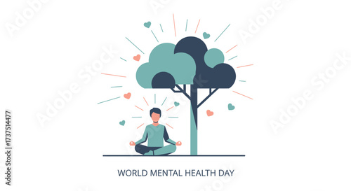 Conceptual Flat Illustration of Man Meditating Under a Tree for Wellbeing