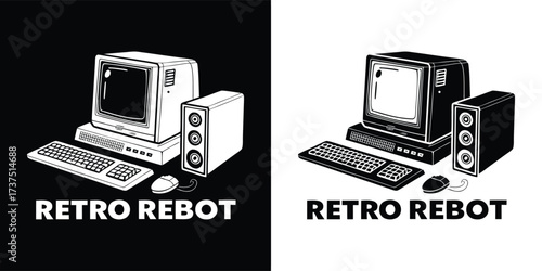 Retro computer setup with speakers and mouse, text retro reboot, presented in black and white on black and white backgrounds, isolated on white background