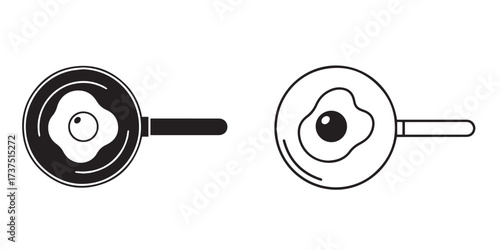 Frying Pan with Fried Egg in Outline and Solid Styles