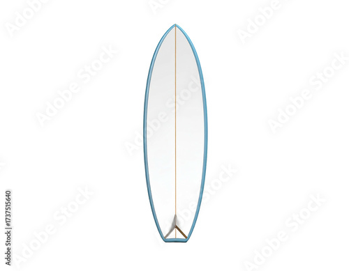 A white surfboard with blue trim and a fin, isolated on a black background
