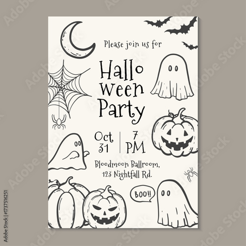 Halloween party invitation with hand-drawn objects. Vector illustration hand drawn halloween party template.