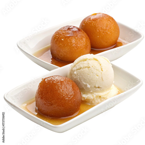 Gulab Jamun with vanilla ice cream Hindu isolated on transparent background  
