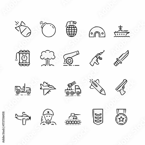 Striking military icons set symbolizing defense, power, and strategic force, perfect for documentaries, games, and historical projects with a modern aesthetic