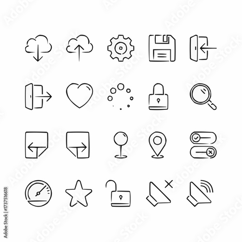 Hand-drawn essential icon set for modern interface design, perfect for app development and creative projects needing a personal, artistic touch and customization