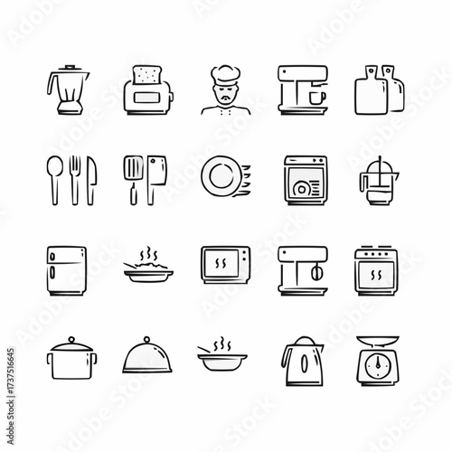 Whimsical kitchen icons for culinary projects, perfect for food blogs and chef websites, a modern kitchen aesthetic, originally a scalable vector graphic