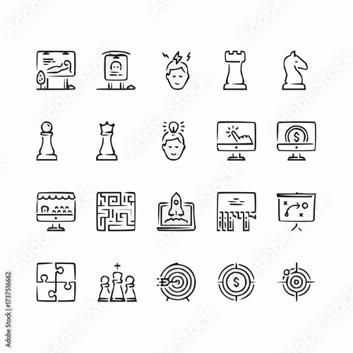 Dynamic business strategy icons showing vision, innovation, and growth potential for modern companies, originally crafted as a scalable vector design