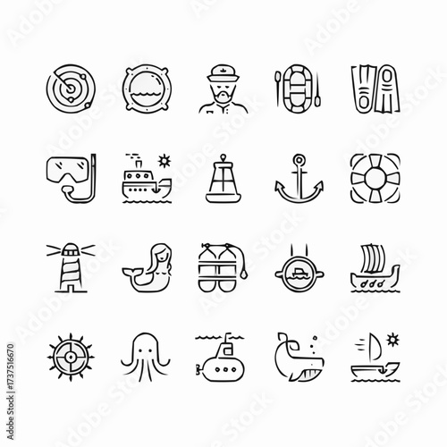Nautical adventure awaits! Modern icons of sea exploration, diving, and seafaring life for a vibrant, adventurous project, originally designed as a scalable vector.