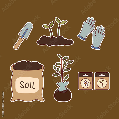 Gardening tools and plants illustration