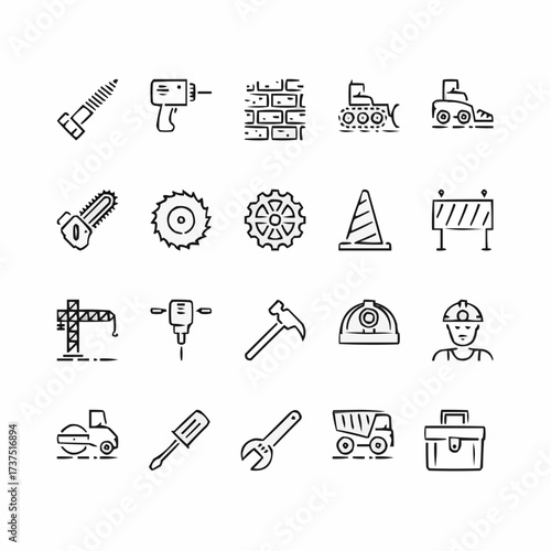 Essential construction and renovation tools and equipment icons for your next project, symbolizing industry and hard work