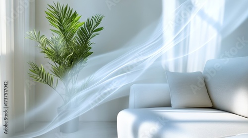 Close-up of cool misty blue airflow patterns drifting across a minimalist white sofa and green potted plant, hinting at purified air and crisp indoor freshness