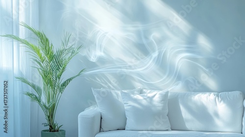 Close-up of cool misty blue airflow patterns drifting across a minimalist white sofa and green potted plant, hinting at purified air and crisp indoor freshness
