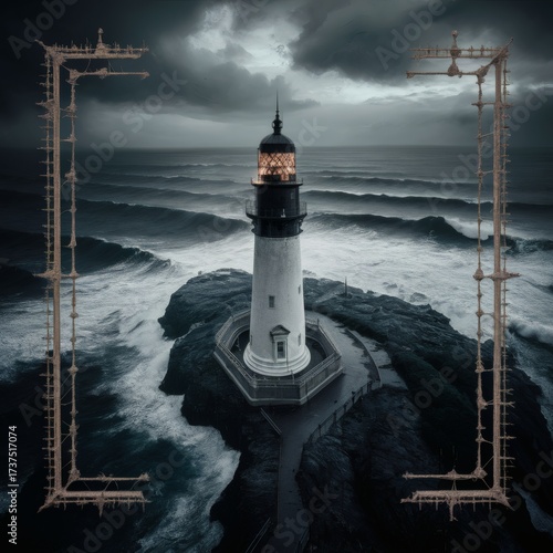 A drone frames a coastal cliff lighthouse with
crashing waves below under an overcast dramatic sky. 