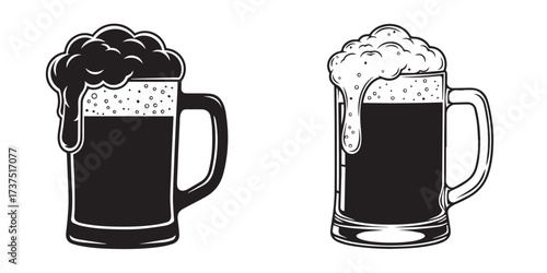 Vintage Style Black and White Illustration of Beer Mugs with Overflowing Froth