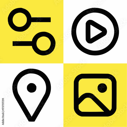 Modern icons representing settings, play, location, and gallery for digital interfaces and apps, vibrant and clean design