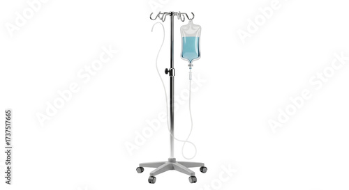 Medical iv pole with fluid bag and tubing isolated on transparent background