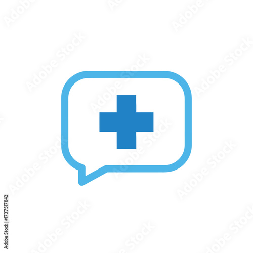 A blue speech bubble containing a medical cross symbol, representing healthcare communication.