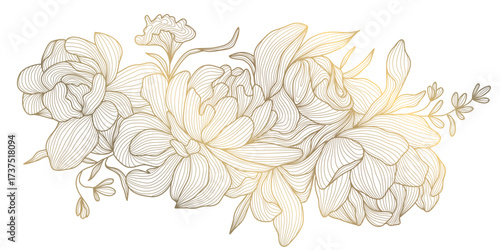Luxury floral vector background, golden peony outlines, botanical leaves, elegant line patterns, Japanese, Chinese art. Wedding invitation, spring card, oriental wallpaper, decorative template.