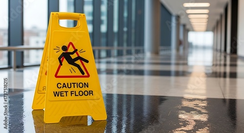 Wet Floor Caution Sign in Modern Building Hallway.