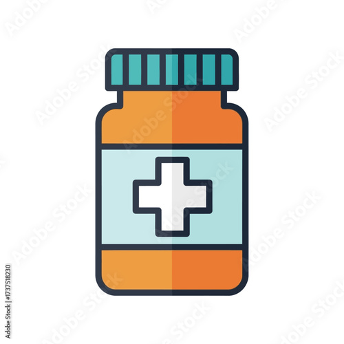 A cartoon illustration of a prescription medicine bottle with a white cross symbol.