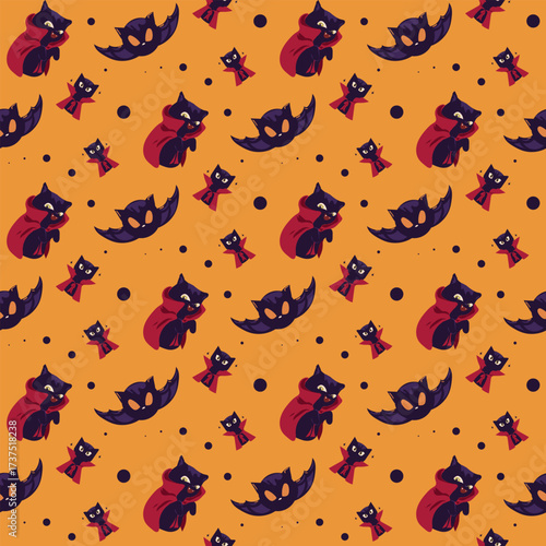 Halloween Theme Seamless Pattern | Vampire Cats and Bat Cat