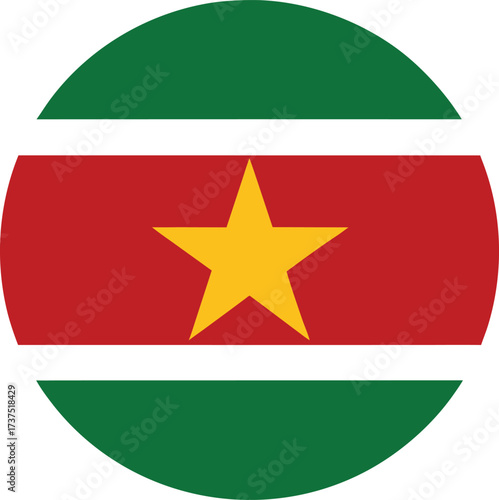 round suriname national flag icon with green red white stripes and yellow star