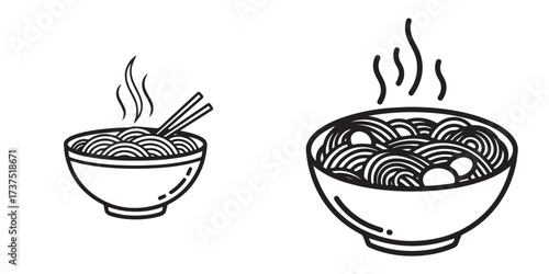 Hot Noodles in Bowls with Steam and Chopsticks Line Art Icons