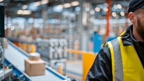 4k video of a worker with delivery packages and conveyor belt moving. 