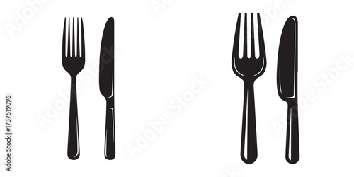 Black Silhouette Fork and Knife Cutlery Set on White Background