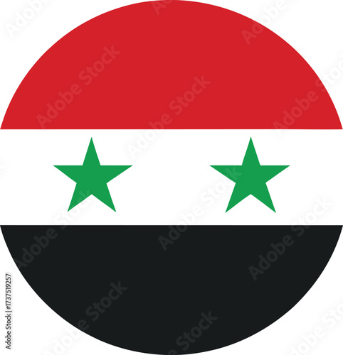 round syria national flag icon with red white black stripes and green stars