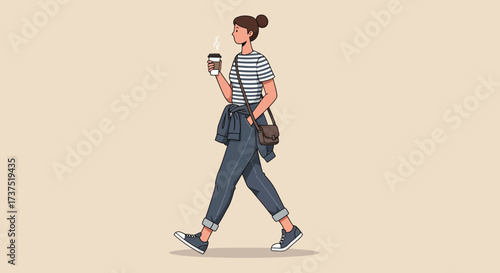 Stylish Woman Walking with Coffee in Casual Outfit.