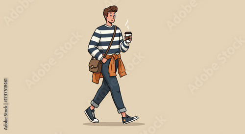 Stylish Man Walking with Coffee and Messenger Bag.