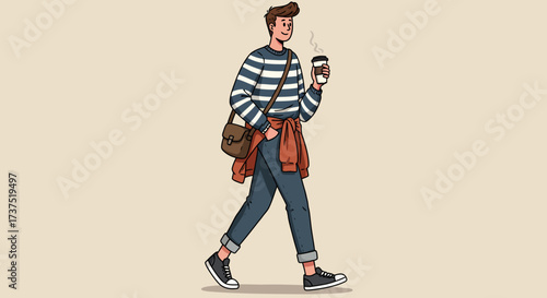 Stylish Man Walking with Coffee in Urban Casual Outfit.