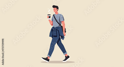 Man Walking with Coffee Casual Style and Urban Vibe.