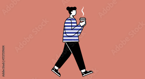 Person Walking with Coffee Cup in Hand Illustration.