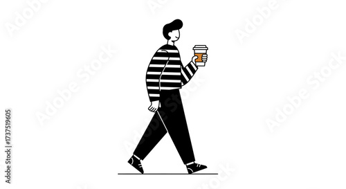 Man walking with coffee cup in hand minimalist illustration.